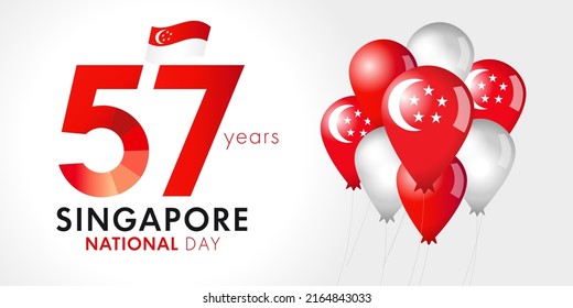 57 years Anniversary of Singapore National Day. Happy Singapore Independence day August 9, republic celebration. Vector illustration with balloons and flag