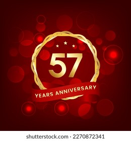 57 years anniversary. Anniversary template design with gold number and red ribbon, design for event, invitation card, greeting card, banner, poster, flyer, book cover and print. Vector Eps10