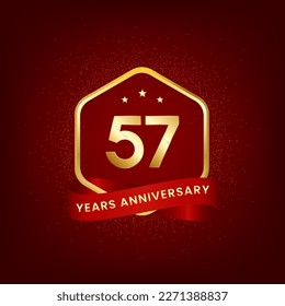 57 years anniversary. Anniversary template design with gold number and red ribbon, design for event, invitation card, greeting card, banner, poster, flyer, book cover and print. Vector Eps10