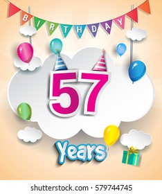 57 Years Birthday Design for greeting cards and poster, with clouds and gift box, balloons. using Paper Art Design Style. vector elements for anniversary celebration.