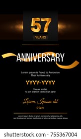 57 Years Golden Anniversary Logo Celebration and Invitation Card with gold ribbon Isolated on Dark  Background
