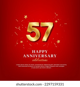 57 years of golden numbers, anniversary celebrating text, ad anniversary congratulation text with golden confetti spread on a red background