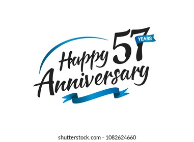 57 years happy anniversary celebration with blue swoosh and blue ribbon isolated on white background 