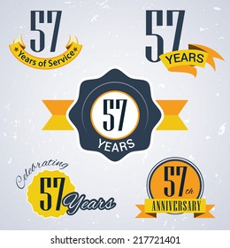 57 years of service/ 57 years / Celebrating 57 years / 57th Anniversary - Set of Retro vector Stamps and Seal for business