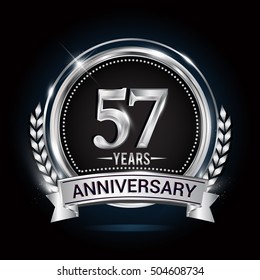 57 years silver anniversary logo with laurel wreath, ribbon and silver ring. vector design