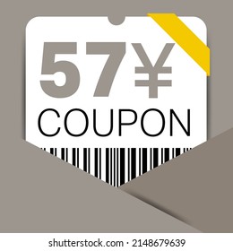 57 Yen Coupon promotion sale for a website, internet ads, social media gift 57 Yuan off discount voucher. Big sale and super sale coupon discount. Price Tag Mega Coupon discount vector illustration.