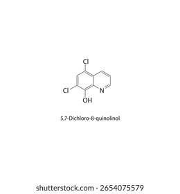 5,7-Dichloro-8-quinolinol skeletal structure. halogen quinoline compound schematic illustration. Simple diagram, chemical formula.