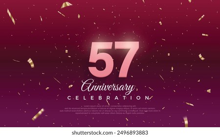 57th Anniversary celebration, 57 Anniversary celebration, Dark purple background, festive illustration,Realistic 3d sign, stars, Pink number with red ribbon 57 sparkling confetti, 57,58
