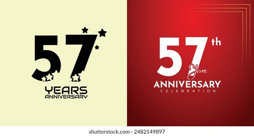 57th Anniversary celebration, 57 Anniversary celebration, Realistic 3d sign, stars, festive illustration, red background with Pink number 57 sparkling confetti, 57,58
