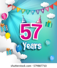 57th Anniversary Celebration Design, with clouds and balloons. using Paper Art Design Style, Vector template elements for your, fifty seven years birthday celebration party.