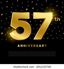 57th anniversary celebration with gold glitter color and black background. Vector design for celebrations, invitation cards and greeting cards.