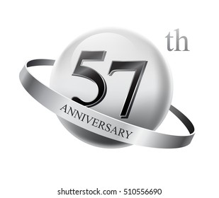 57th anniversary celebration with silver ring on white isolated background