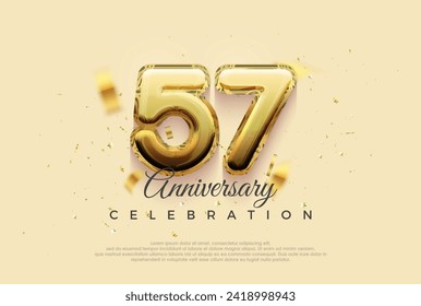 57° aniversario, diseño vectorial con brillante ilustración de globos dorados. Fondo vectorial premium para saludos y celebraciones.