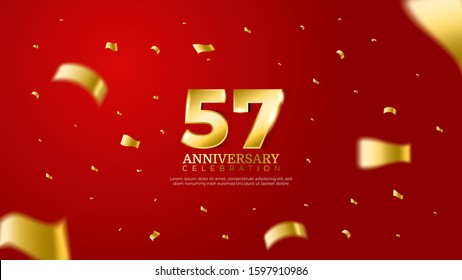 57th anniversary celebration vector red background. Golden numbers with shadow and sparkling confetti modern and elegant design for wedding party event decoration. Editable vector EPS 10