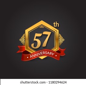 57th anniversary design logotype style with golden hexagon, ornament and red ribbon for use in celebration event.