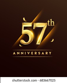 57th anniversary glowing logotype with confetti golden colored isolated on dark background, vector design for greeting card and invitation card.