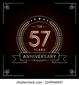 57° Aniversario Diseño de Logo con Laurel corona para la celebración del cumpleaños. Diseño de arte de línea, plantilla de vectores de logotipos