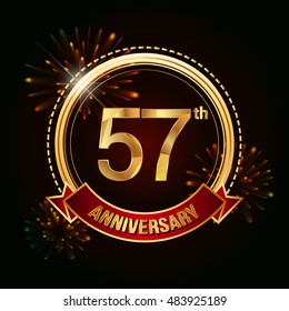 57th anniversary logo golden colored using ring, red ribbon, and fireworks background