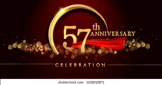 57th anniversary logo with golden ring, confetti and red ribbon isolated on elegant black background, sparkle, vector design for greeting card and invitation card