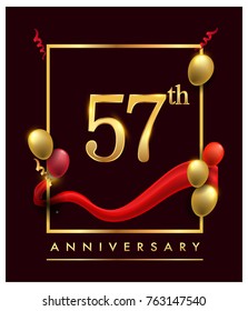57th anniversary logo with red ribbon  and confetti golden colored isolated on elegant background, vector design for greeting card and invitation card