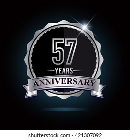 57th anniversary logo with ribbon and silver shiny badge, vector design for birthday celebration