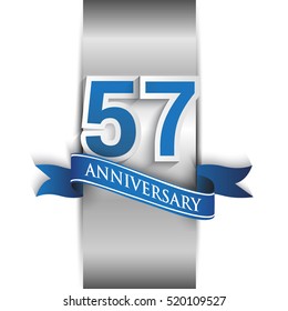 57th anniversary logo with silver label and blue ribbon, Vector design template elements for your birthday party.