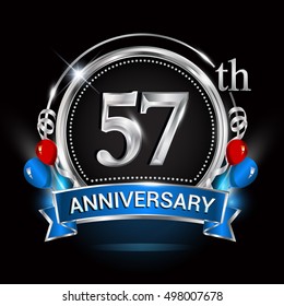 57th anniversary logo with silver ring,balloons and blue ribbon. Vector design template elements for your birthday celebration.
