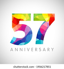 57th anniversary numbers. 57 years old logotype. Bright congrats. Isolated abstract graphic design template. Creative 5, 7 sign, 3D digits. Up to 57%, -57% percent off discount. Congratulation concept