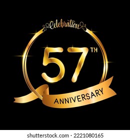 57. Jahrestag. Perfektes Template-Design für Jubiläumsfeier mit goldenem Farbband und Ring, Vektorgrafik