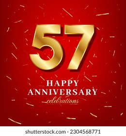 Plantilla vectorial de 57 años con un número dorado y confetti dorado esparcido en un fondo rojo