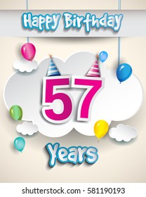 57th birthday Celebration Design, with clouds and balloons. Design greeting card and invitation for the celebration fifty of fifty seven years anniversary