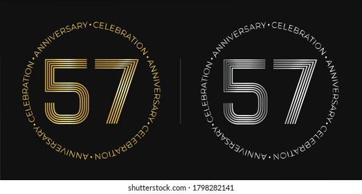57th birthday. Fifty-seven years anniversary celebration banner in golden and silver colors. Circular logo with original numbers design in elegant lines.