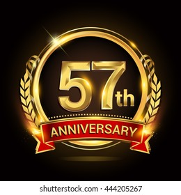 57th golden anniversary logo, with shiny ring and red ribbon, laurel wreath isolated on black background, vector design