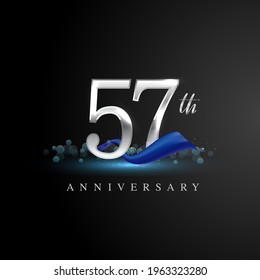 57th silver anniversary logo with blue ribbon isolated on elegant background, sparkle, vector design for greeting card and invitation card.