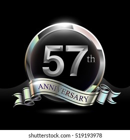 57th silver anniversary logo, vector celebration design with ring and ribbon.