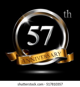 57th silver and gold anniversary logo, vector celebration design with ring and ribbon.