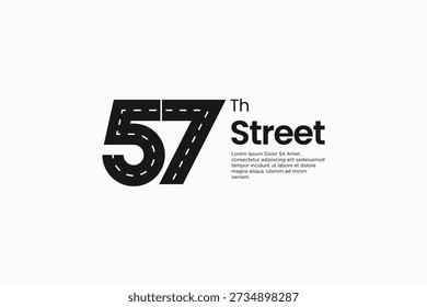 57th street road logo design. Number 57 with asphalt road marking line symbol logo sign