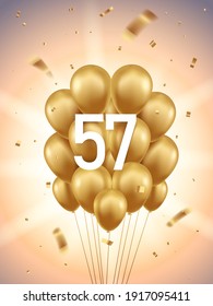 57th Year anniversary celebration background. Golden balloons and confetti with sunbeams in background.