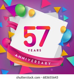 57th Years Anniversary Celebration Design, balloons and ribbon, Colorful design elements for banner, invitation, greeting card your fifty seven birthday celebration party.