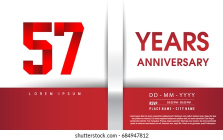 57th Years Anniversary celebration logo, flat design isolated on red and white background, vector elements for banner, invitation card and birthday party.