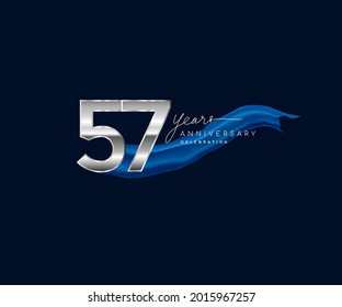 57th Years Anniversary celebration logotype silver colored with blue ribbon and isolated on dark blue background