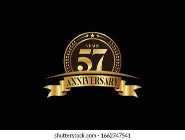 57th years anniversary logo template, vector design birthday celebration, Golden anniversary emblem with ribbon. Design for a booklet, leaflet, magazine, brochure, poster, web, invitation or greeting