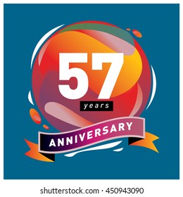 57th years greeting card anniversary with colorful number and frame. logo and icon with circle badge and background
