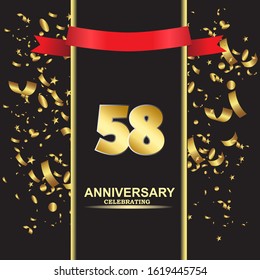58 anniversary logo with confetti golden colored and red ribbon isolated on black background, vector design for greeting card and invitation card