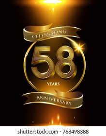 58 anniversary logo with golden ring and ribbon colored isolated on black background, vector design for party greeting card and invitation card. celebration logotype template