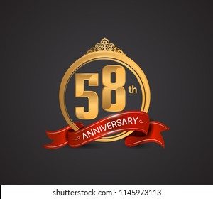58 anniversary logotype style design luxury  golden color and ornament with warp red ribbon for company celebration event