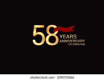 58 anniversary vector design golden colored with red ribbon isolated on black background