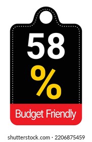58% Budget Friendly sign tag, label vector art Black Background white and yellow lettering