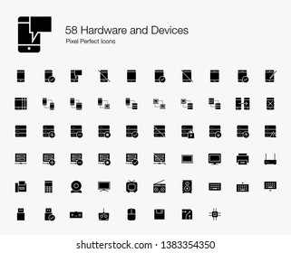 58 Hardware and Devices Pixel Perfect Icons (Filled Style). Vector icons of smartphone, tablet, server, computer, cloud computing, and technology devices. 