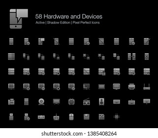 58 Hardware and Devices Pixel Perfect Icons (Filled Style Shadow Edition). Vector icons of smartphone, tablet, server, computer, cloud computing, and technology devices. 